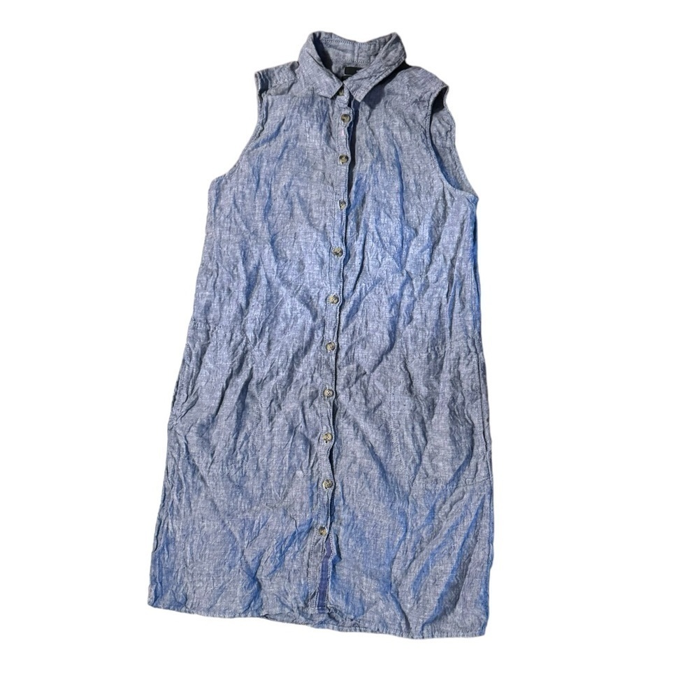Tahari Shirt Dress Womens Small 100% Linen Button Up Short Sleeve Tank Blue